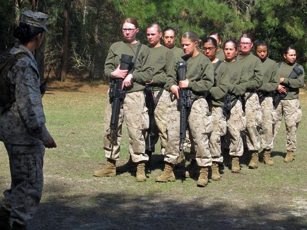 Female recruits form up at the Marine Corps Training Depot on Parris Island, S.C.