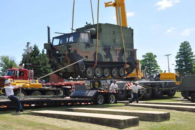 An AN/MLQ-34 "TACJAM" Countermeasure Set being is moved from Fort Monmouth, N.J., to a museum in Aberdeen Proving Ground, Md., July 14, 2011. (Courtesy photo Army.mil)