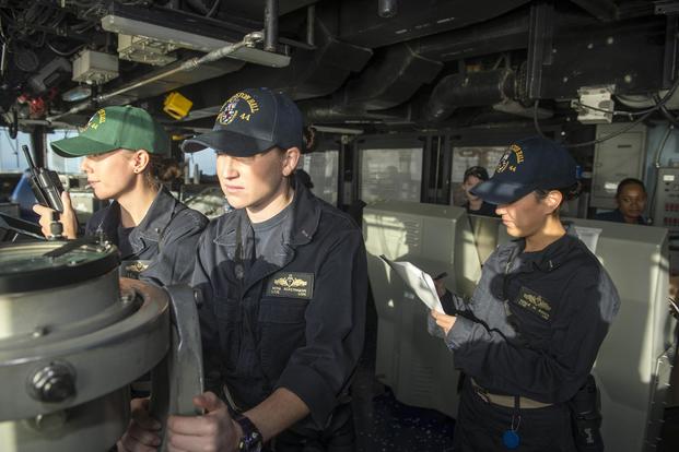 Sailors stand bridge watch aboard the amphibious dock landing ship Gunston Hall in Rota, Spain, on Oct. 18, 2014. The Navy has altered its policy on how female sailors wear Navy ball caps. Mass Communication Specialist 3rd Class Jesse A. Hyatt/Navy