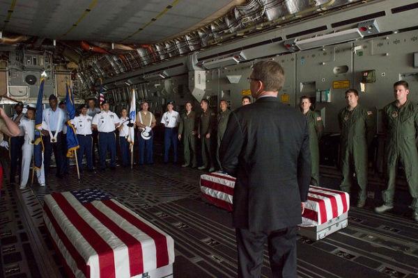 Defense Secretary Ash Carter thanks Defense POW/MIA Accounting Agency troops after an April 13, 2016, ceremony in New Delhi to repatriate the remains of airmen who crashed in India during World War II. (Photo by Adrian Cadiz/U.S. Defense Department)