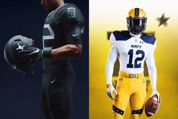 Army's new Nike uniforms honor the World War II-era 82nd Airborne Division. Navy's Under Armour designs throw back to 1963 when Navy quarterback Roger Staubach won the Heisman Trophy. (Courtesy photos)