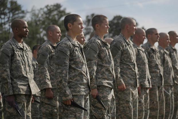 U.S. Army Soldiers pause before combatives training during the Ranger Course on Ft. Benning, GA., April 20, 2015. Soldiers attend Ranger school to learn additional leadership and small unit skills. (U.S. Army/Spc. Nikayla Shodeen/Released)