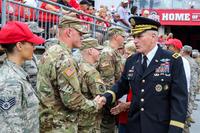 Lt. Gen. John M. Murray speaks with Soldiers and Airmen before kickoff of Ohio State-Army game Sept. 16, 2017, at Ohio Stadium in Columbus, Ohio. (Ohio National Guard/Staff Sgt. Michael Carden)
