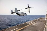 MV-22B Osprey tiltrotor aircraft takes off from the USS Wasp