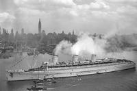 The British liner RMS Queen Mary arrives in New York harbor.