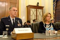 Secretary of the Air Force Deborah Lee James and Gen. John E. Hyten, commander of Air Force Space Command, testify before the Senate Armed Services Committee, Subcommittee on Strategic Forces, April 29, 2015. (U.S. Air Force photo/Scott M. Ash)