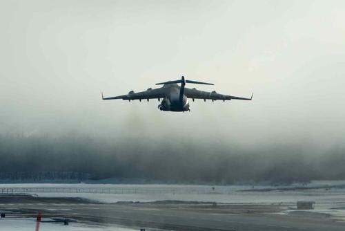 A U.S. Air Force C-17 Globemaster III takes off from Joint Base Elmendorf-Richardson
