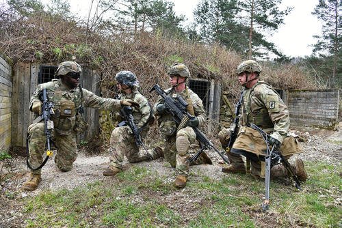 U. S. Army paratroopers assigned to Castle Company, 54th Brigade Engineer Battalion, 173rd Airborne Brigade, move toward an objective during team blank-fire and tactical movement training at Pocek Range in Postonja, Slovenia.