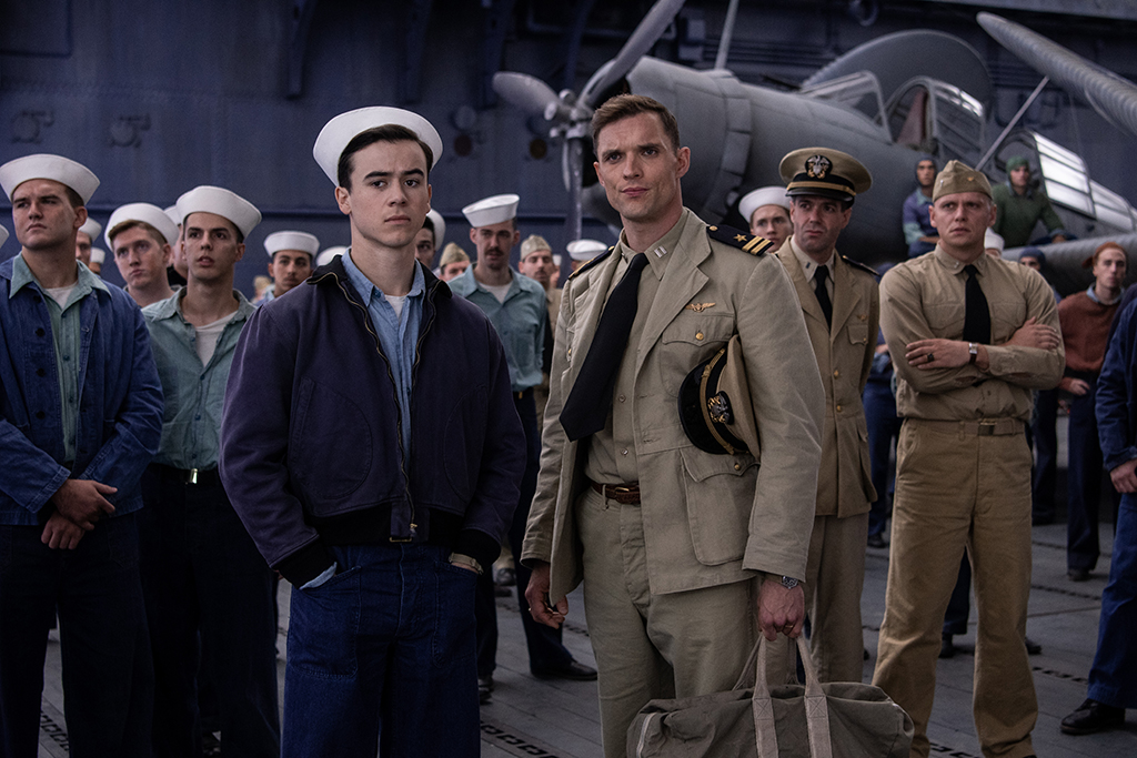 James Murray (Keean Johnson) and Dick Best (Ed Skein) in MIDWAY. Photo credit: Reiner Bajo.
