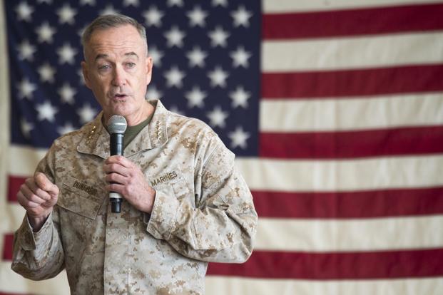 Marine Corps Gen. Joe Dunford, chairman of the Joint Chiefs of Staff, speaks to service members before the USO Holiday Tour at Operating Base Fenty, Dec. 24, 2017. (DoD/Navy Petty Officer 1st Class Dominique A. Pineiro)