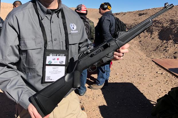 Ruger's 9mm PC carbine features a 16-inch barrel and an interchangeable magazine well, allowing it to take any 9mm magazine. (Photos by Hope Hodge Seck/Military.com)