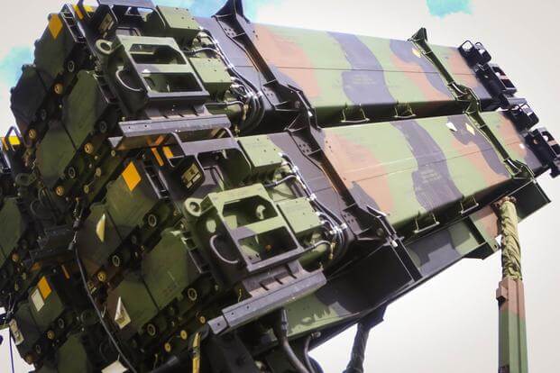 Patriot missile launcher system, part of 1st Battalion, 1st Air Defense Artillery Regiment, during the units table gunnery training exercise on Kadena Air Base in Japan, Oct. 19, 2017. (U.S. Army/Capt. Adan Cazarez)