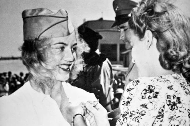 Betty Blake received her flying wings from Women Airforce Service Pilots co-originator Jacqueline Cochran, a pioneer of American aviation, on April 24, 1943, during the graduation ceremony of the first 23 W.A.S.P pilots. (Courtesy Photo)