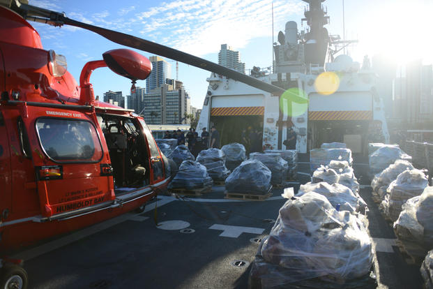 Pallets of seized suspected contraband sit on the deck of the Coast Guard Cutter Bertholf prior to being offloaded by Bertholf’s crew at B Street Pier, San Diego, March 20, 2018. Over 36,000 pounds of cocaine was seized in 17 interdictions by five different cutters in the Eastern Pacific between February and early March. (U.S. Coast Guard photo/Taylor Bacon)