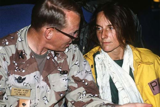 Maj. Rhonda Cornum after her release from Iraqi captivity, March 6, 1991, during Desert Storm. (U.S. Army)