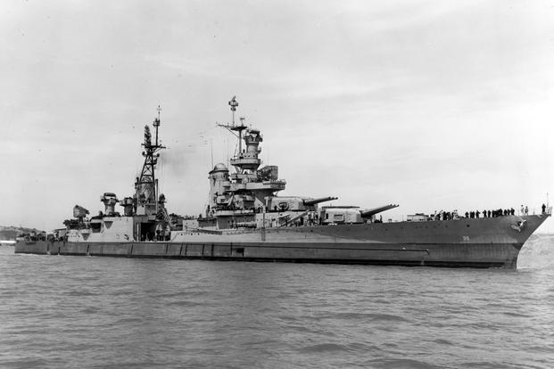 Off the Mare Island Navy Yard, California, 10 July 1945, after her final overhaul and repair of combat damage. (U.S. Navy/National Archives)