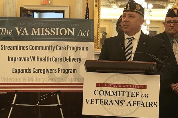 At a Senate news conference on May 22, 2018, Louis Celli, legislative director for the American Legion, said the Choice program is unwieldy and has led to confusion on eligibility and the payment of bills for private care. Twitter photo courtesy of the American Legion