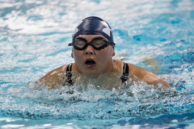 Master Chief Personnel Specialist Raina Hockenberry, from Kalihi, Hawaii, competes in the 50-meter breaststroke swimming competition at the 2018 Department of Defense Warrior Games at the U.S. Air Force Academy in Colorado Springs, Colo. (U.S. Navy photo/ Mass Communication Specialist 1st Class Marcus L. Stanley)