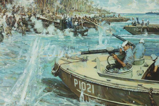 Official Coast Guard painting of Signalman Douglas Munro’s last moments while evacuating Marines at Guadalcanal. The painting’s original title was “Douglas A. Munro Covers the Withdrawal of the 7th Marines at Guadalcanal,” and was painted by artist Bernard D’Andrea.