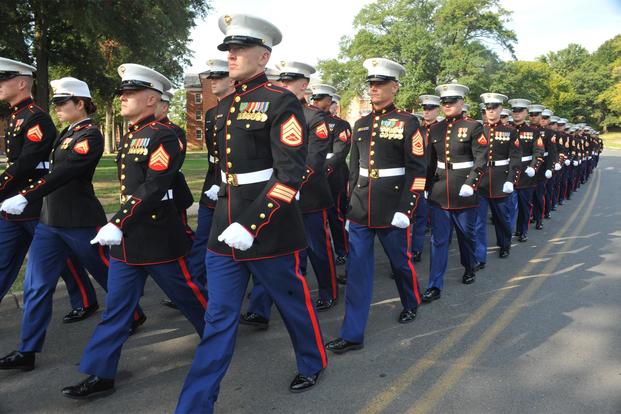 Marine security guards march to a hall in Quantico, Va., following their graduation. The State Department reportedly wants to send a Marine security guard detachment to Taiwan, a move proving unpopular with the Chinese. (Lance Cpl. Antwaun L. Jefferson/Marine Corps)