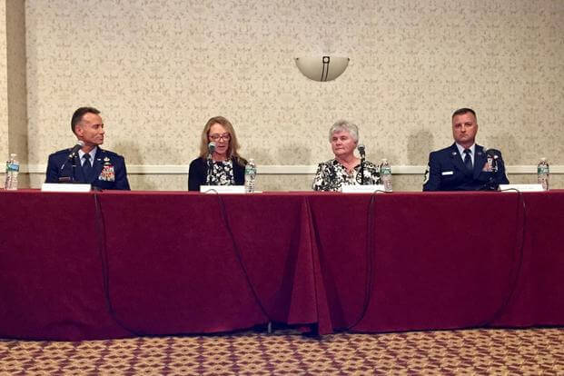 From left to right: Col. Kenneth Rodriguez, Valerie Nessel, Terry Chapman and Command Sgt. Michael West at a press conference the day before Tech. Sgt. John Chapman’s Medal of Honor ceremony, August 21, 2018. (Military.com/Oriana Pawlyk)