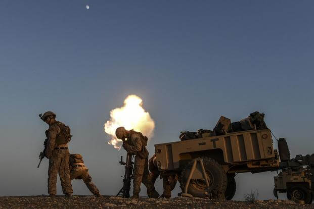 U.S. Marines fire a mortar during training in support of Operation Inherent Resolve in Syria, July 23, 2018 (U.S. Air Force/Staff Sgt. Corey Hook)