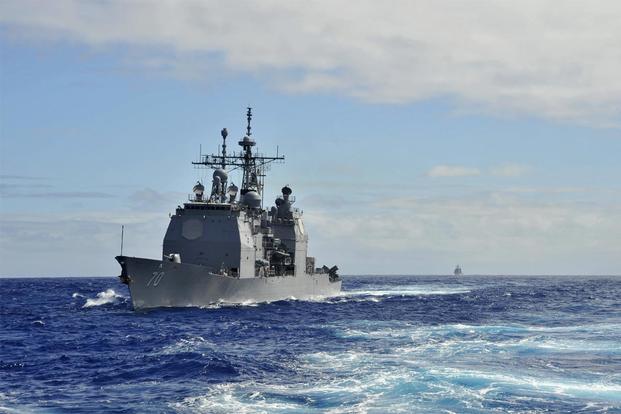Guided-missile cruiser USS Lake Erie (CG 70) operates with other cruisers off the coast of Hawaii during Koa Kai 14-1. (U.S. Navy/Mass Communication Specialist 3rd Class Johans Chavarro)
