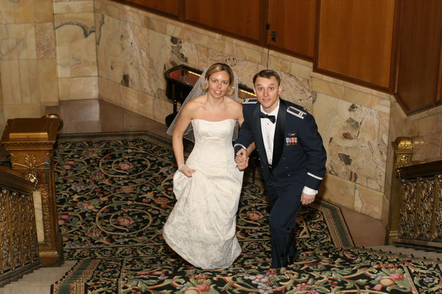 U.S. Air Force B-2 Spirit pilots John and Jennifer Avery smile for a photo on their wedding day Feb. 5, 2005. Their shared military careers culminated at their joint retirement ceremony Sept. 7, 2018, at Whiteman Air Force Base, Missouri. The couple has two children, Austin and Elizabeth, and live in Boise, Idaho. (Photo courtesy of the Avery family)