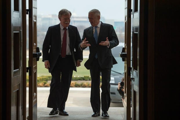 Secretary of Defense James Mattis meets with White House National Security Adviser John Bolton at the Pentagon in Washington, D.C., March 29, 2018. (DoD photo/Kathryn E. Holm)