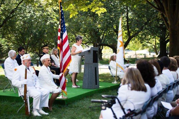 Candy Martin, president American Gold Star Mothers Inc., gives remarks during the Commemorative Ceremony for Gold Star Mother's Day in Arlington National Cemetery, Sept. 25, 2016, in Arlington, Va. The ceremony marked the 80th Gold Star Mother’s Day. (U.S. Army/Rachel Larue)