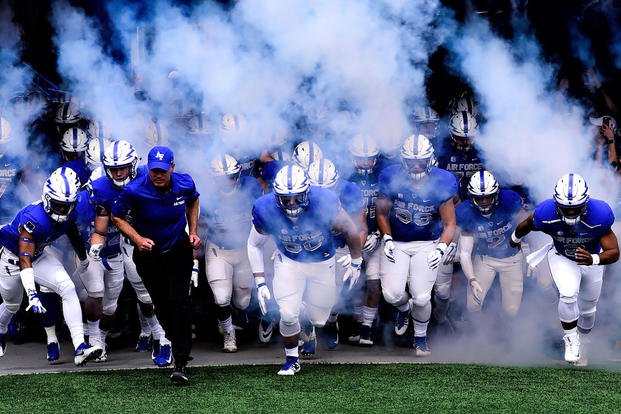 Troy Calhoun, Falcons head coach, leads his team out of the tunnel Sept. 29, 2018 at Falcon Stadium. (U.S.Air Force photo/Bill Evans) 