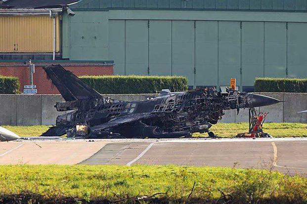 This photo, courtesy of www.scramble.nl, shows a Belgian F-16 that was destroyed when a mechanic accidentally fired a Vulcan cannon at it from another aircraft. Visit Scramble Magazine on Facebook at @scramblemagazine. Scramble Magazine photo