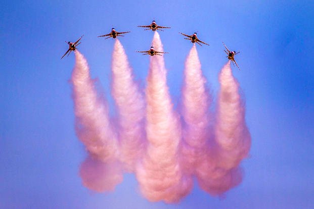 The Thunderbirds, the Air Force's flight demonstration team, rehearse in the skies over Cannon Air Force Base, N.M., May 25, 2018, before the 2018 Cannon Air Show, Space and Tech Fest. (U.S. Air Force photo by Senior Airman Luke Kitterman)