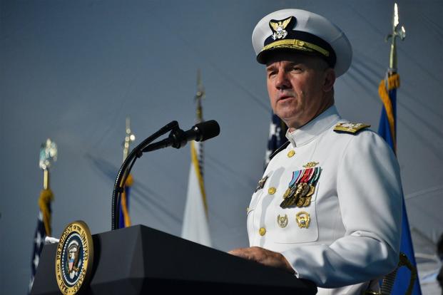 Adm. Karl Schultz speaks during a change of command ceremony at Coast Guard Headquarters in Washington, D.C., June 1, 2018 (U.S. Coast Guard/Petty Officer 1st Class Patrick Kelley)