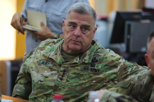 U.S. Army Chief of Staff Gen. Mark Milley discusses challenges and threats unique to Baghdad during a visit to the Baghdad Operations Center and 3rd Cavalry Regiment “Brave Rifles” troopers supporting Operation Inherent Resolve on Aug. 15, 2018. (U.S. Army photo by Spc. Arnada Jones)