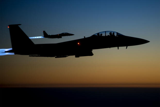 A pair of U.S. Air Force F-15E Strike Eagles fly over northern Iraq after conducting airstrikes in Syria. U.S. forces will continue air and artillery strikes in Syria against ISIS targets, despite President Trump's announcement that U.S. troops will be withdrawn from the country. (US Air Force photo/Matthew Bruch)