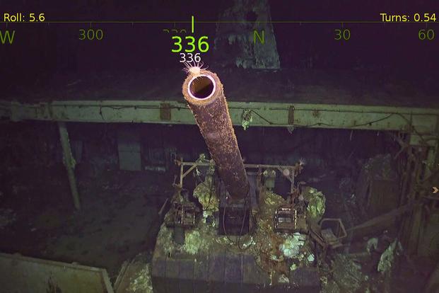 A five-inch gun on the wreckage of the USS Hornet. Photo courtesy of Paul G. Allen’s Vulcan Inc.