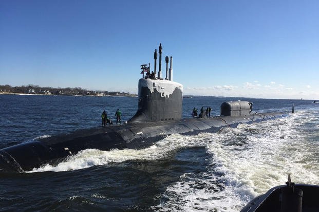 The Virginia-class, nuclear-powered, fast-attack submarine, USS North Dakota (SSN 784), transits the Thames River as it pulls into its homeport on Naval Submarine Base New London in Groton, Conn., Jan. 31, 2019. (U.S. Navy photo/Jason M. Geddes)