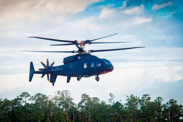 The SB>1 Defiant helicopter conducting its maiden test flight at Sikorsky’s West Palm Beach, Florida site, March 21, 2019. (Courtesy Boeing)