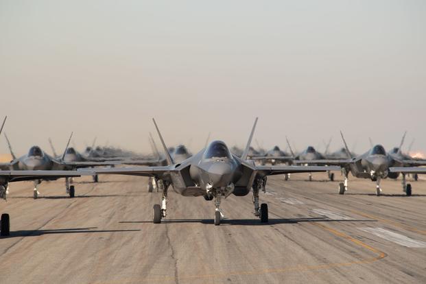 Pilots from the 388th and 419th Fighter Wings taxi F-35As on the runway in preparation for a combat power exercise Nov. 19, 2018, at Hill Air Force Base, Utah.  (Cynthia Griggs/U.S. Air Force)