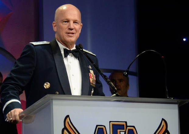 Lt. Gen. John Raymond, Headquarters U.S. Air Force deputy chief of staff for operations, gives an acceptance speech after receiving the Air Force Association General Thomas D. White Space Award Nov. 20, 2015. Raymond was nominated March 26, 2019 to serve as the first head of U.S. Space Command. (Courtesy Photo/Kelly Shemp)