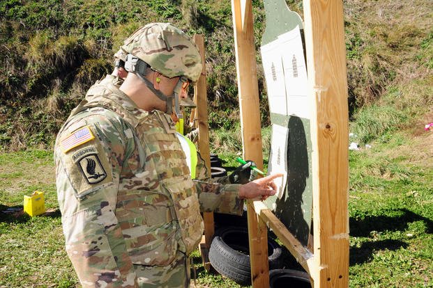 U.S. Army Sfc. Joel Torres assigned to HHC AFSOUTH BN checks the target during qualification range at Lago Patria Italian range Feb. 12, 2019, Naples, Italy. (U.S. Army photo/Elena Baladelli)