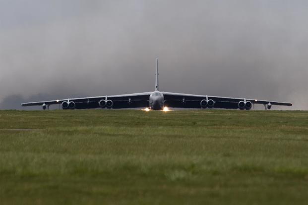 A B-52 Stratofortress deployed from Barksdale Air Force Base, La., takes off from the flight line at RAF Fairford, England to return home April 5, 2019. (U.S. Air Force/Airman 1st Class Tessa B. Corrick)