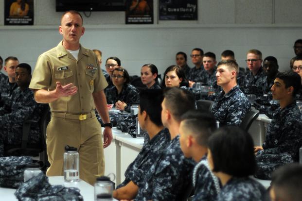Master Chief Petty Officer of the Navy Steven Giordano talks at Information Warfare Training Command Corry Station. (U.S. Navy/Cryptologic Technician (Collection) 1st Class Michael J. Sumrall II)