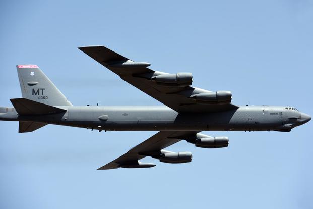 A U.S. Air Force B-52 Stratofortress assigned to the 23rd Expeditionary Bomb Squadron from Andersen Air Force Base, Guam performs a flyover during the opening ceremonies of Aero India 2019 at Air Force Station Yelahanka, India Feb. 20 (U.S. Air Force/Senior Master Sgt. Pedro Jimenez)