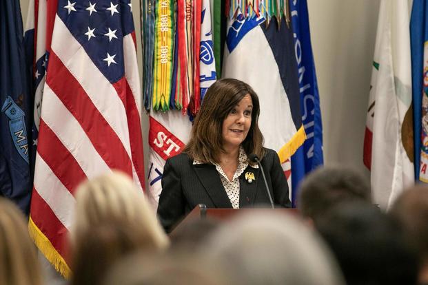 Karen Pence speaks to military spouses during a Military OneSource live event at the Family Readiness Group Center on Fort Bragg, N.C., on Nov. 2, 2018. (U.S. Army photo by Sgt. Biven Dustin)