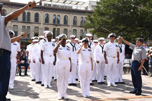 Sailors representing several local naval commands participate in the annual Pilgrimage to the Alamo during Fiesta San Antonio, April 22, 2019. (U.S. Navy photo/Burrell Parmer)