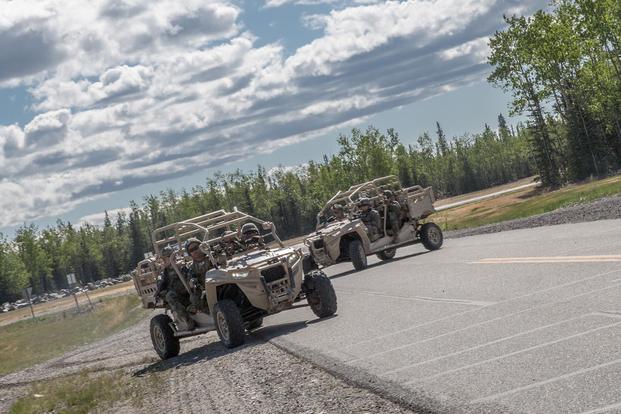 U.S. Marines conduct a mock raid in Polaris MRZR 4 vehicles during exercise Northern Edge, May 22, 2019 at Fort Greely, Alaska. (U.S. Marine Corps/Cpl. Rhita Daniel)