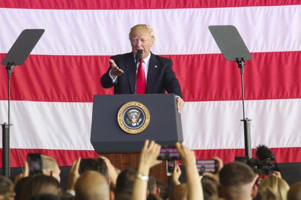 President Donald Trump speaks to U.S. service members and their families during his first overseas speech to the troops at Naval Air Station Sigonella, Italy, May 27, 2017 (U.S. Marine Corps/Sgt. Samuel Guerra)