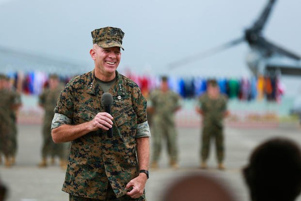 U.S. Marine Corps Lt. Gen. David H. Berger, outgoing commander, U.S. Marine Corps Forces, Pacific, speaks during the MARFORPAC change of command ceremony at Marine Corps Base Hawaii, Aug. 8, 2018. (U.S. Marine Corps photo/Patrick Mahoney)